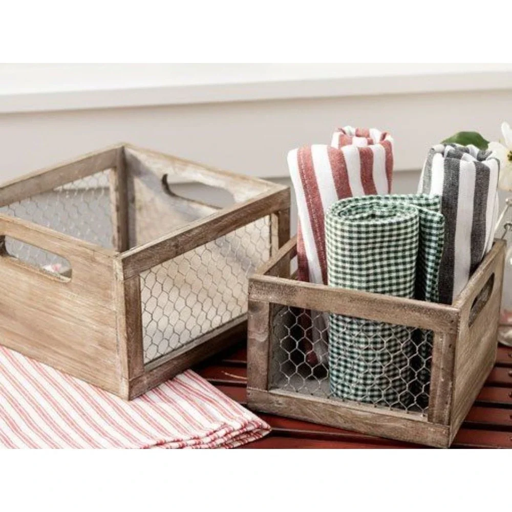 Rustic Farmhouse Beige Grey Wood Crate with Chicken Wire Mesh Sides and Handles